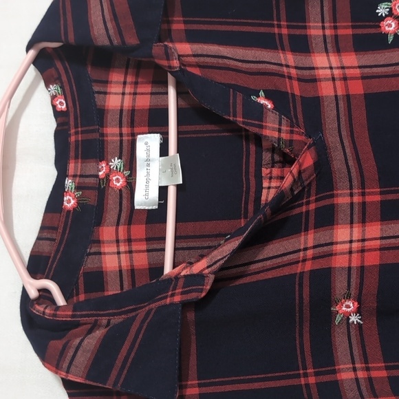 christopher & banks Navy Orange Plaid Split Neck Long Sleeve Blouse Size Large - Picture 3 of 5